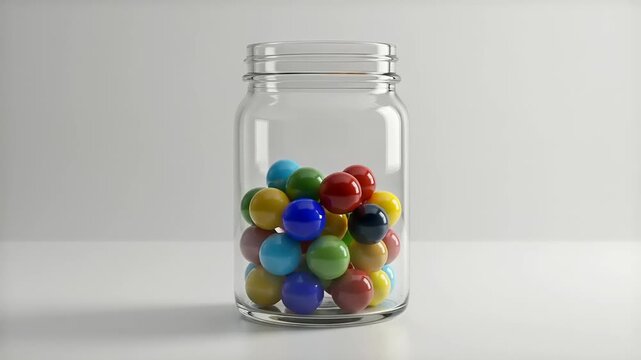 Colorful marbles in a clear jar on a minimalist table
