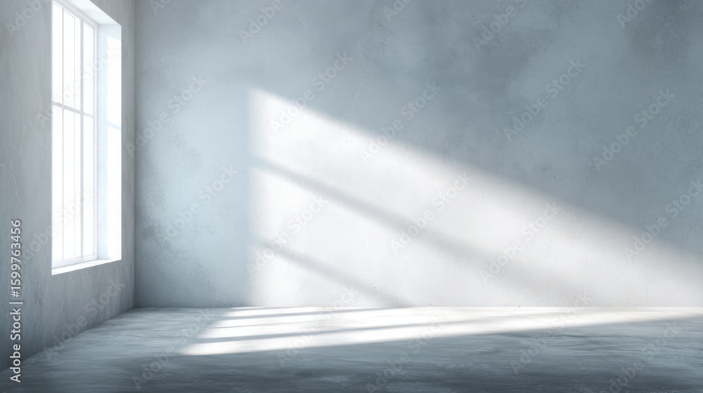 Poster bright sunlight filters through large windows, casting soft shadows on the smooth gray concrete floo