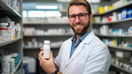Smiling pharmacist holding medication bottle in modern pharmacy setting, shelves in background