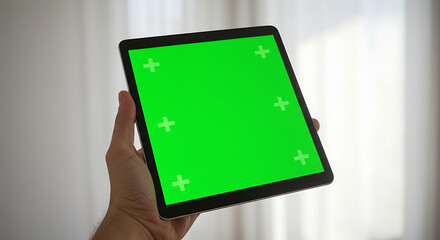 Hand holding a tablet with a green screen display, featuring tracking markers, against a blurred, light background.