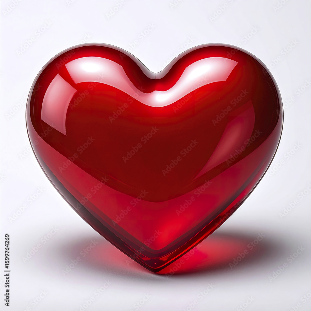 Poster red heart shape with glossy surface and smooth curves on white background, symbolizing love and affe