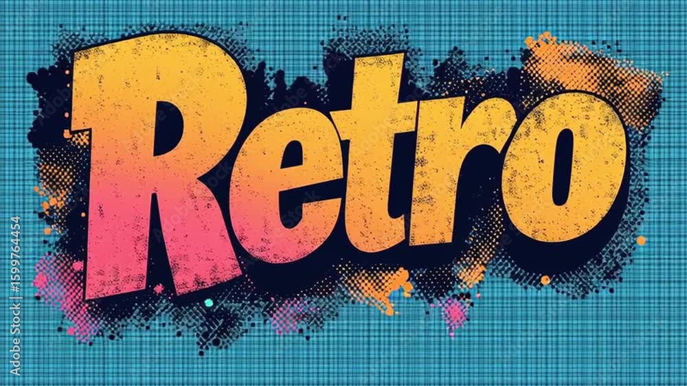 Poster retro text design with colorful grunge splatter blue checkered background, vibrant dynamic style and