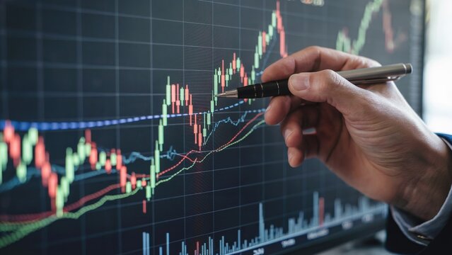 Financial analyst reviewing stock market data with pen on screen showing candlestick chart