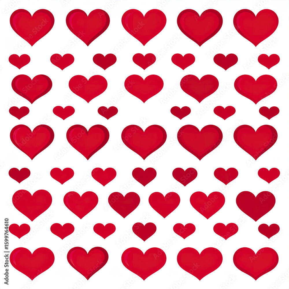 Poster red heart shapes in various sizes arranged in grid pattern on white background, symbolizing love and