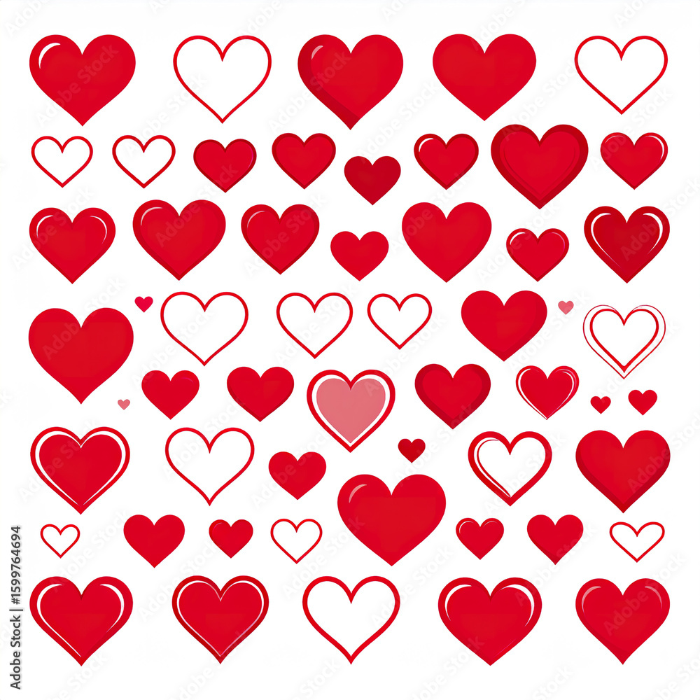 Poster red and white heart shapes in various sizes and styles arranged on white background, expressing love