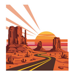 Desert Landscape with Buttes, Highway, and Setting Sun Illustration