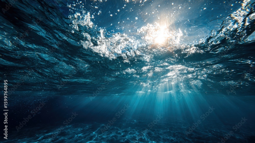 Poster sunlight filters through the surface of the ocean, illuminating the water and creating beautiful pat