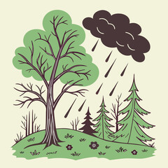Illustration of a Rainy Day in the Forest: The illustration captures a serene scene of raindrops falling on a forest's lush greenery, a symbolic depiction of nature's cycle