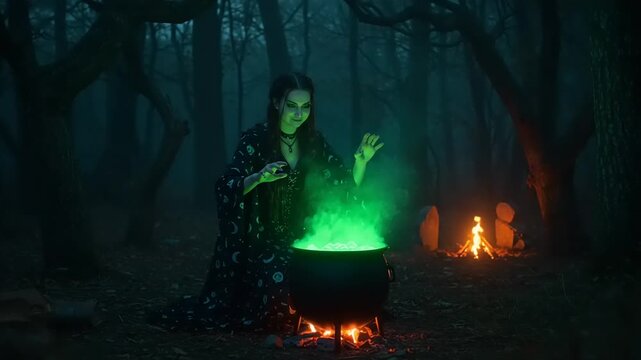 Enchanting witch brews potion in foggy forest scene