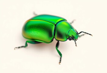 Naklejka premium A single iridescent green beetle, isolated on a beige background, texture, studio shot