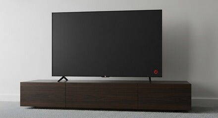 Modern flat screen television atop a sleek wood console, minimalist design