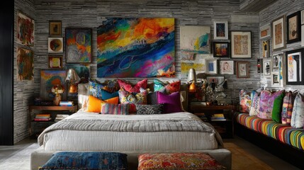 Artistic bedroom with colorful abstract wall art and layered textiles