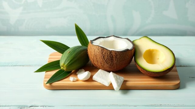 A halved coconut and avocado with green leaves are arranged on a wooden board, showcasing a healthy and tropical food concept