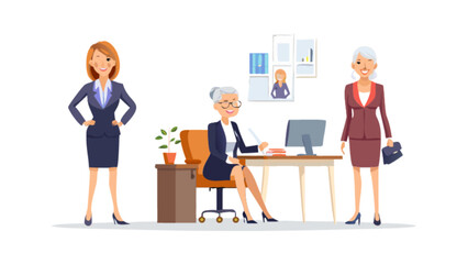 Obraz premium Three business women in suits in an office setting with a desk and computer and plant and pictures