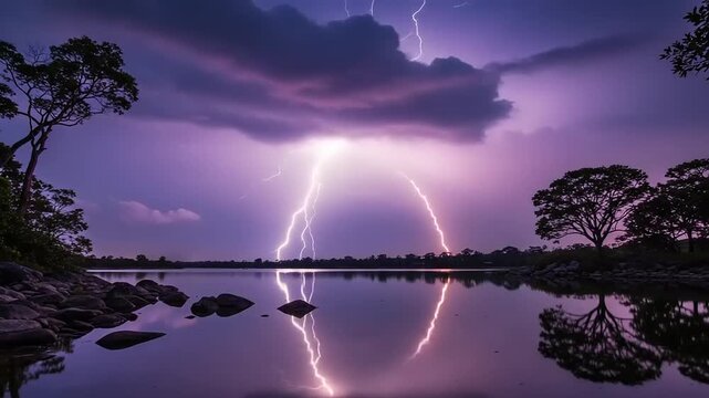 Lightning Striking Over Calm Lake at Dusk