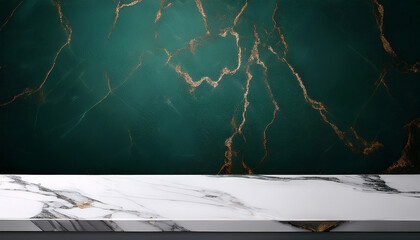 Un mur de marbre vert et doré avec en premier plan une table en marbre blanc et noir. 