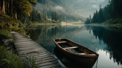 Obraz premium Serene Mountain Lake with Rowboat