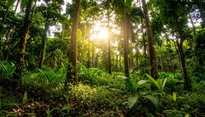 Lush tropical forest with sunlight filtering through canopy