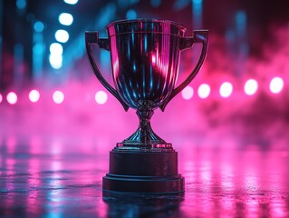 Silver Trophy with Double Handles on Black Base, Neon Pink and Blue Lights, Event or Award Ceremony Setting
