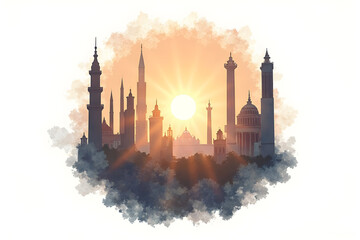 Cityscape at Sunset with Silhouette of Buildings and Radiant Light