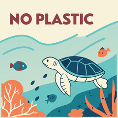 Naklejka premium Ocean Plea: A colorful illustration advocating for a plastic-free ocean, showcasing marine life thriving in a clean, healthy environment.