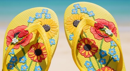 Vibrant Yellow Floral Flip-Flops on Sunny Beach: Summer Vacation Footwear