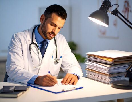 A doctor sitting at his desk at the end of the day, illuminated by a single warm desk lamp. He is carefully reviewing a stack of patient files, his expression one of tired dedication. 