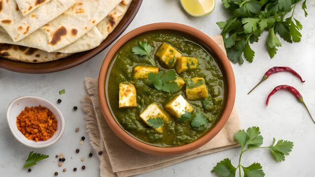 Delicious palak paneer with naan and spices
