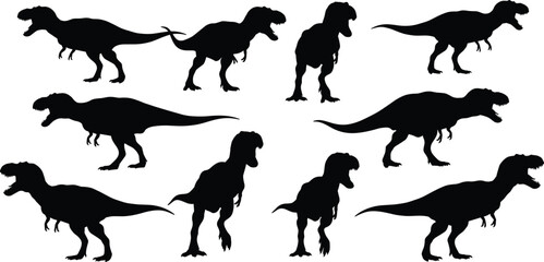Tyrannosaurus rex dinosaur silhouette set, various walking and roaring poses, vector illustration for prehistoric, fossil, Jurassic, and dino-themed design
