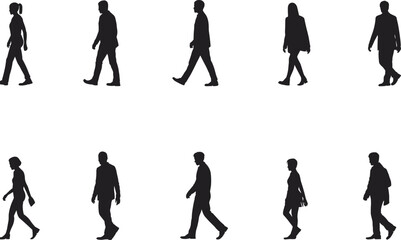 Silhouettes of walking people, male and female figures, urban pedestrians in motion, casual attire, isolated vector design on white background
