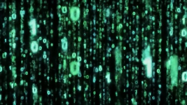 Digital rain. Cascading ones and zeros in shades of green and blue on a dark background mimic a binary code matrix