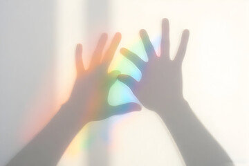 Fototapeta premium Hands Touching Rainbow Light on Wall Shadow Abstract