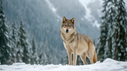 Obraz premium Wolf standing alert in snowy terrain with forest trees blurred in the background