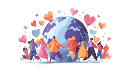 Diverse group of people holding hands, joyfully encircling a large globe adorned with numerous hearts, symbolizing global unity and love