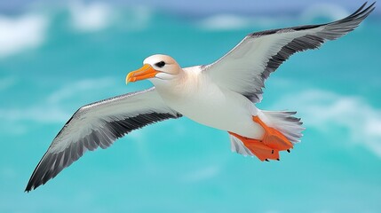 Obraz premium Magnificent White-bellied Storm-Petrel in Flight Over Turquoise Ocean