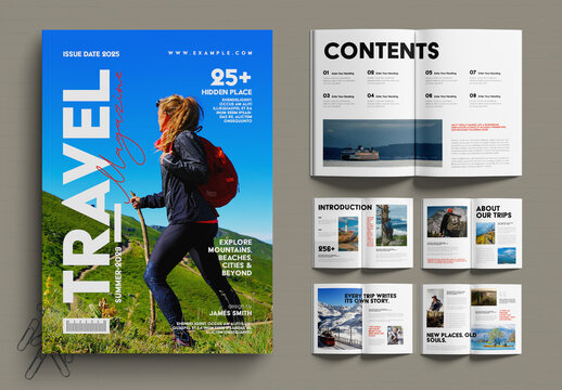 Modern Travel Magazine Layout with Adventure Photography