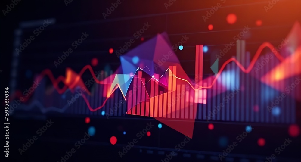 Poster abstract financial chart with line graph and bar graph in red and blue