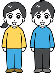 笑顔で正面を向いている私服の若い男女(全身)