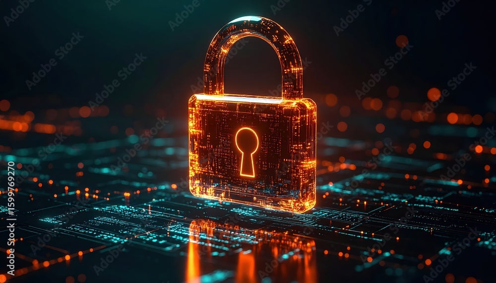 Poster digitally generated glowing lock icon with holographic circuit board background representing digital