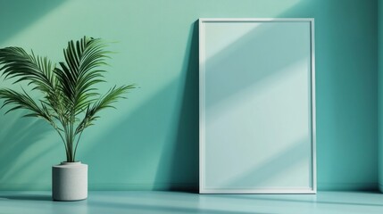 A minimalist scene features a tall, blank, white-framed canvas leaning against a pale teal wall, next to a potted, leafy green plant. Sunlight casts shadows