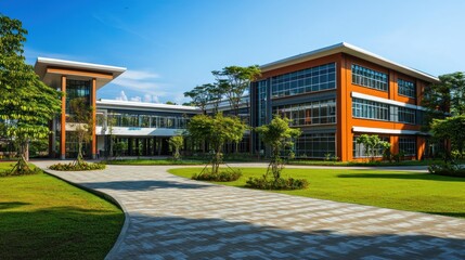 A modern, two-story office complex with a sleek design, surrounded by lush green landscaping and paved walkways under a bright sunny sky