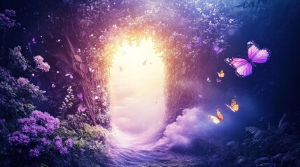 A mystical, glowing portal within a lush, purple-hued forest, surrounded by butterflies and ethereal mist, leading to a bright, unseen destination