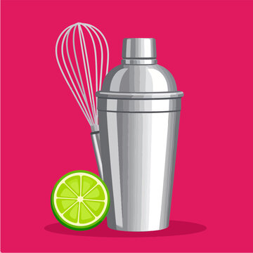 cocktail shaker, lime, whisk on pink background clip art preview