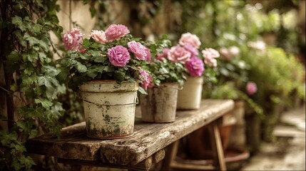 A serene garden scene featuring potted pink roses on a rustic wooden table, surrounded by lush greenery, evoking tranquility.