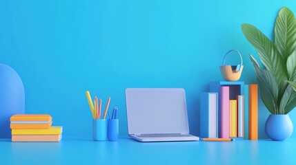 A pastel-colored workspace featuring a laptop, stationery, books, and a plant against a light blue background.  Minimalist and modern aesthetic