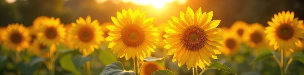 Obraz premium Golden hour sunlight streams through leaves onto vibrant sunflowers, radiating joy and warmth Perfect for concepts of positivity, well-being, and summer happiness , joy, positive energy