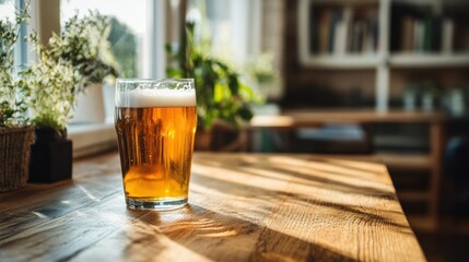 A pint of light-colored beer sits on a sun-drenched wooden table near a window, with houseplants and blurred bookshelves in the background