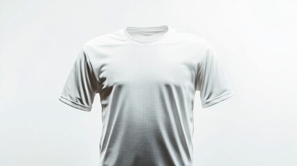 A plain white short-sleeved t-shirt is shown against a bright white background, subtly textured fabric visible.  The shirt is displayed front-and-center
