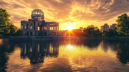 A serene sunset bathes a domed, war-damaged structure and its reflection in a calm body of water, with trees and a city skyline in the background
