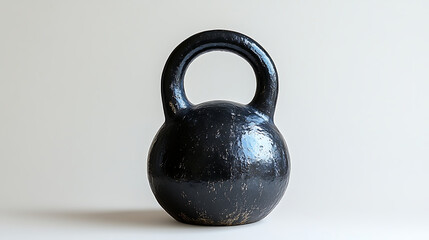Fototapeta premium Black kettlebell standing on white background representing fitness training equipment